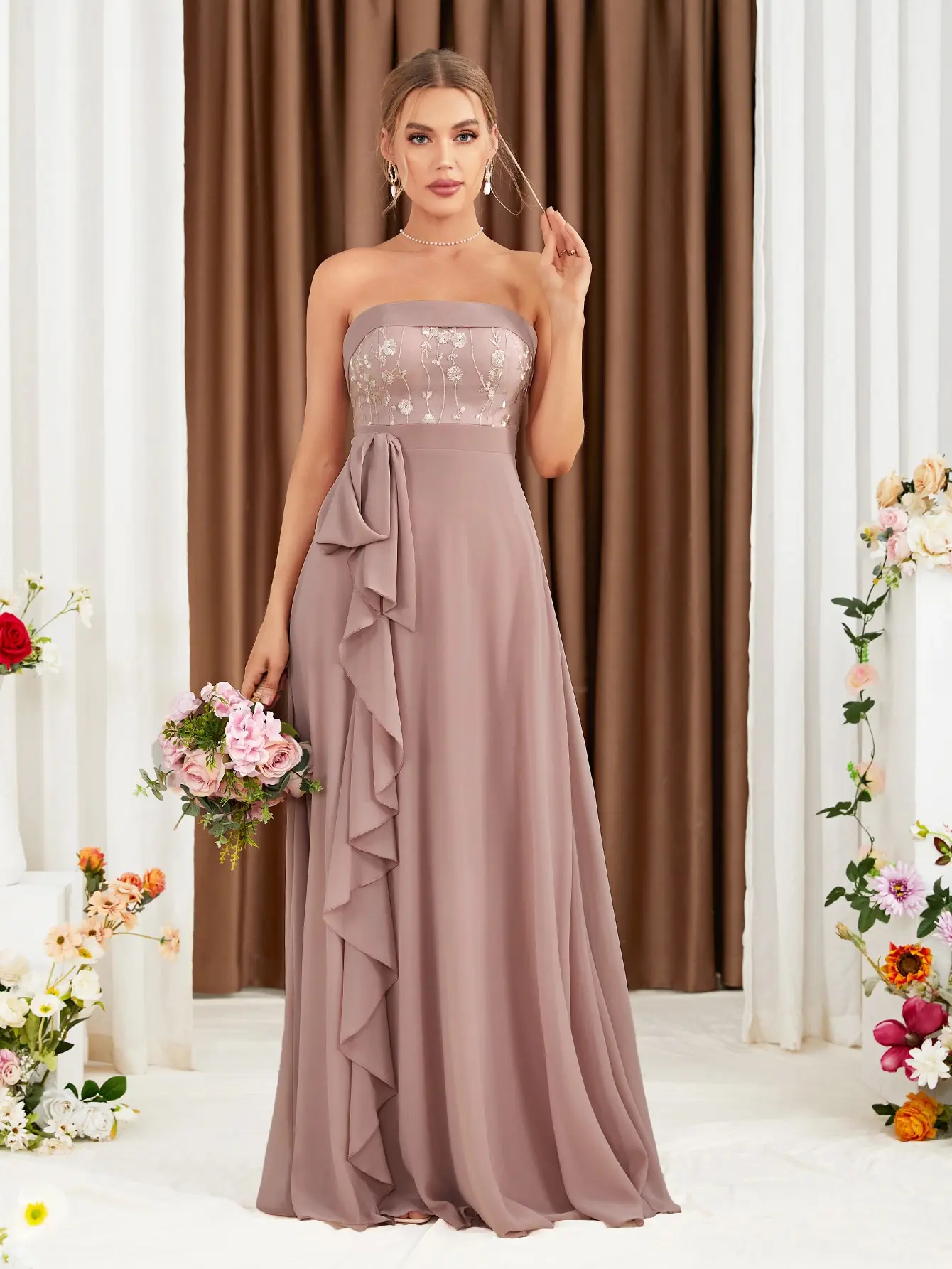 Women's Strapless Chiffon Maxi Dress